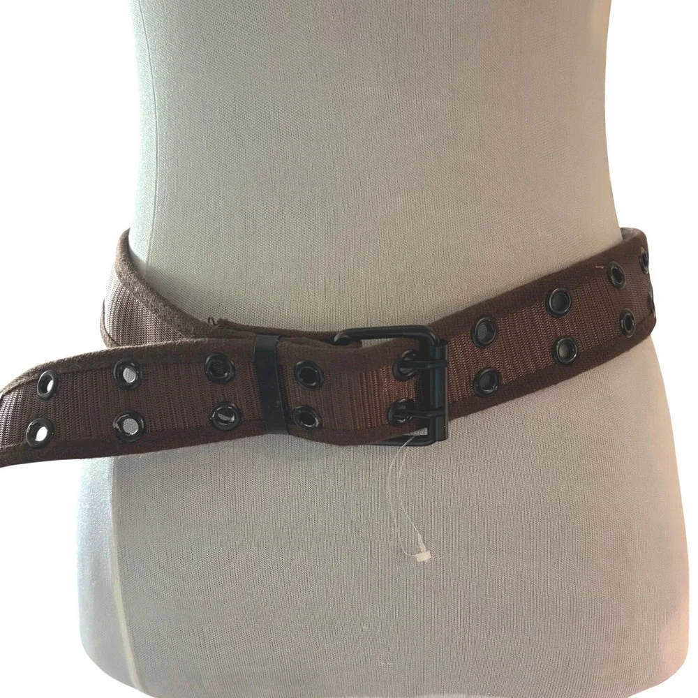 Brown Canvas Double Grommet Web Belt Matte Black Buckle Streetwear SX 890